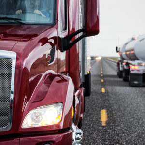 Semi-truck closeup on freeway