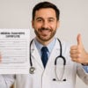 A doctor holding a paper medical examiner's certificate