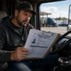Truck driver reviewing Employer Pull Notice EPN compliance paperwork in truck cab